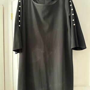 Nina Leonard Chic Black Dress with Pearl Accents on sleeve